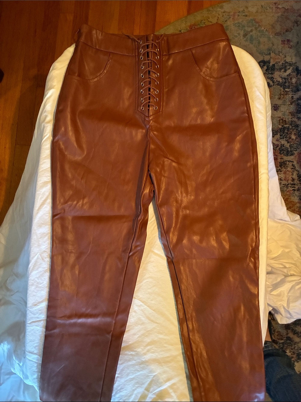 Brown Faux Leather Lace-Up High Waist Pants